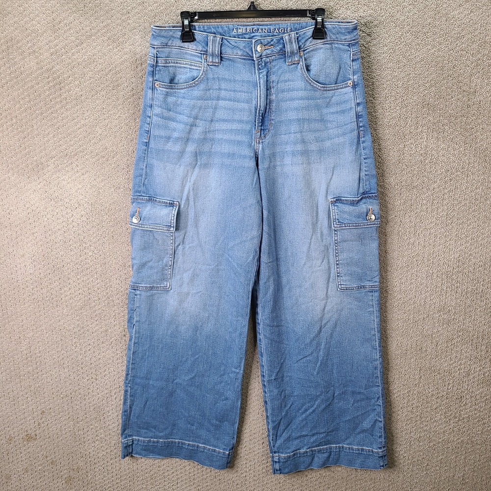 American Eagle Jeans Womens 12 Blue Super High Rise Baggy Wide Leg Cargo Stretch
